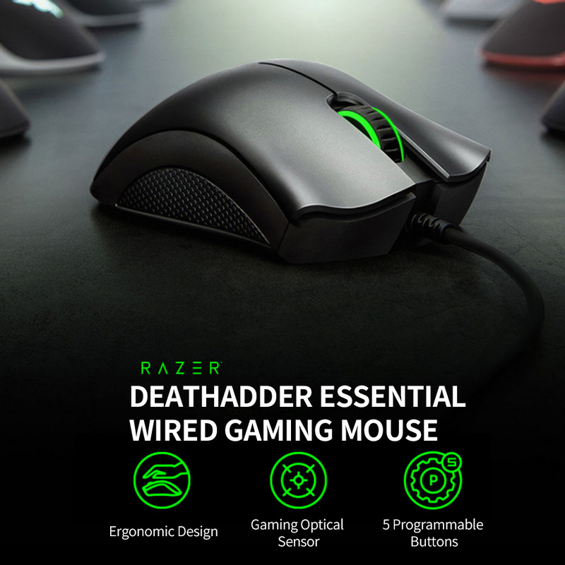 Herná drôtová myš Razer DeathAdder Essential, ergonomická, s optickým senzorom 6400 DPI, 5 programovateľnými tlačidlami (verzia 2021)