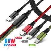 3 u 1 20 W USB C kabel za iPhone 13 12 11 Pro Max Macbook Pro Xiaomi 3A 60 W QC4.0 3.0 Micro USB Type C kabel za punjenje punjača