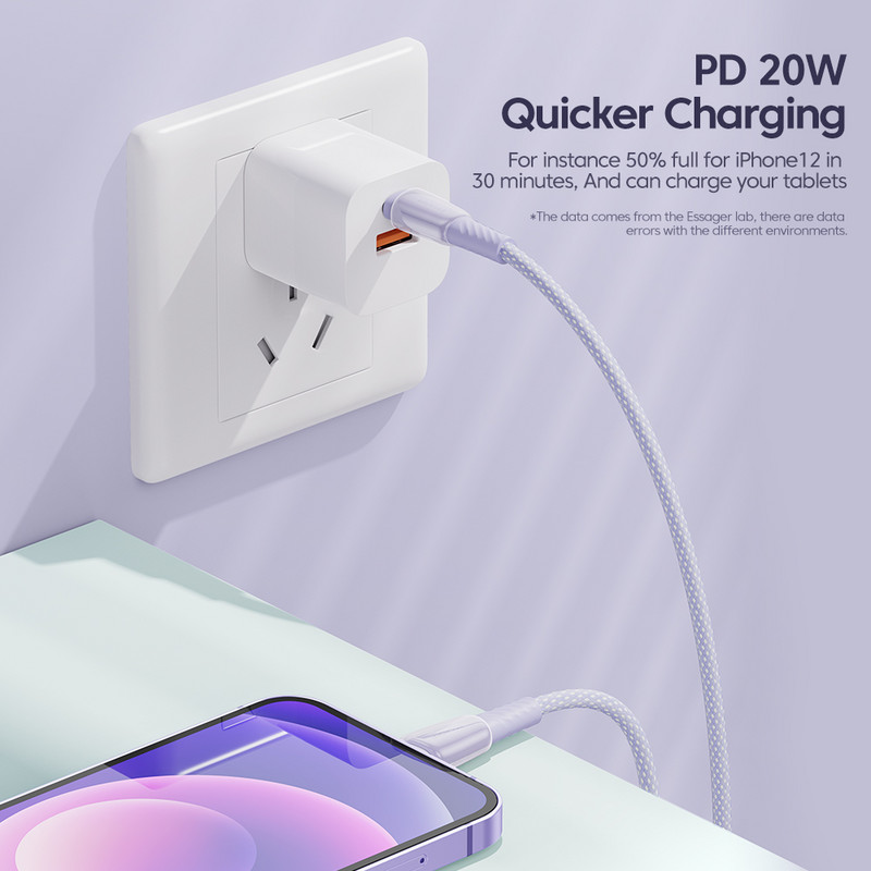 ESSAGER PD 20W USB C laidas skirtas iPhone 12 13 14 Plus Pro Max 3A greito įkrovimo įkroviklio laidas iPad duomenų laido laidas 0,5/1/2/3m