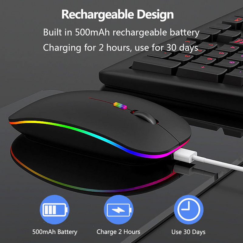 Belaidė pelė Įkraunama Bluetooth pelė su RGB šviesa, skirta nešiojamam kompiuteriui planšetiniam kompiuteriui Macbook Ergonomiškas USB žaidimų Mause Gamer