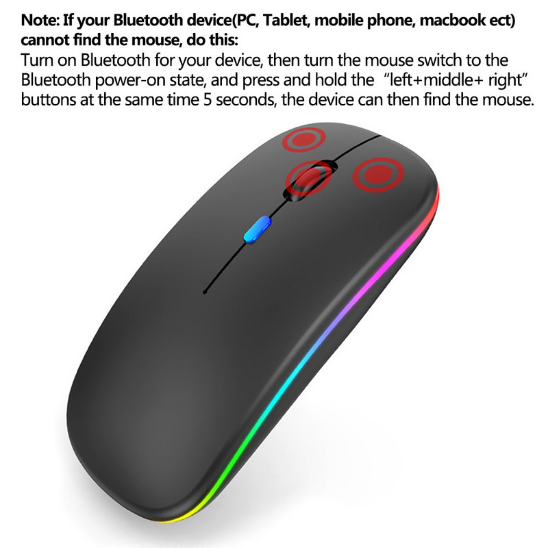 Belaidė pelė Įkraunama Bluetooth pelė su RGB šviesa, skirta nešiojamam kompiuteriui planšetiniam kompiuteriui Macbook Ergonomiškas USB žaidimų Mause Gamer