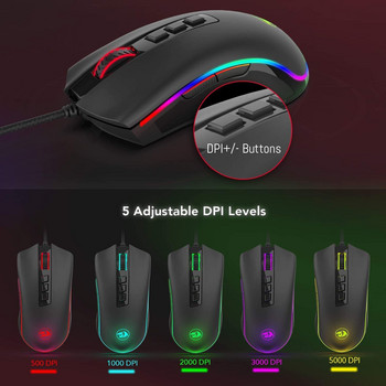 Redragon M711 Cobra Gaming Mouse 16,8 милиона RGB цвят със задно осветяване 10 000 DPI Регулируема удобна дръжка 7 програмируеми бутона