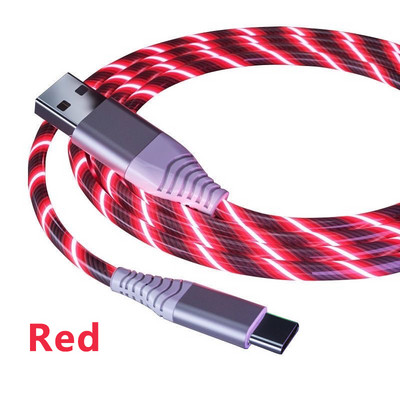 Švytintis LED C tipo kabelis 3A greito įkrovimo kabeliai C tipo didelės spartos duomenų perdavimo laidas, tekantis srautinis šviesos diodas, USB C laidas