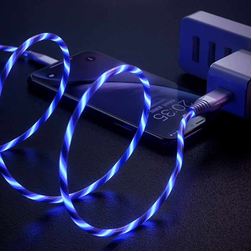 Švytintis LED C tipo kabelis 3A greito įkrovimo kabeliai C tipo didelės spartos duomenų perdavimo laidas, tekantis srautinis šviesos diodas, USB C laidas