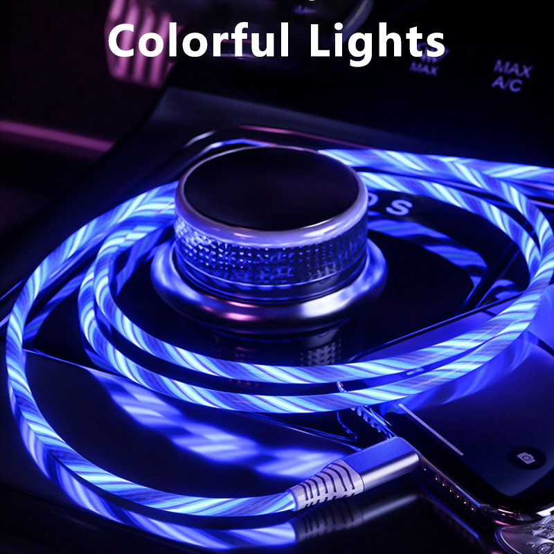 Švytintis LED C tipo kabelis 3A greito įkrovimo kabeliai C tipo didelės spartos duomenų perdavimo laidas, tekantis srautinis šviesos diodas, USB C laidas