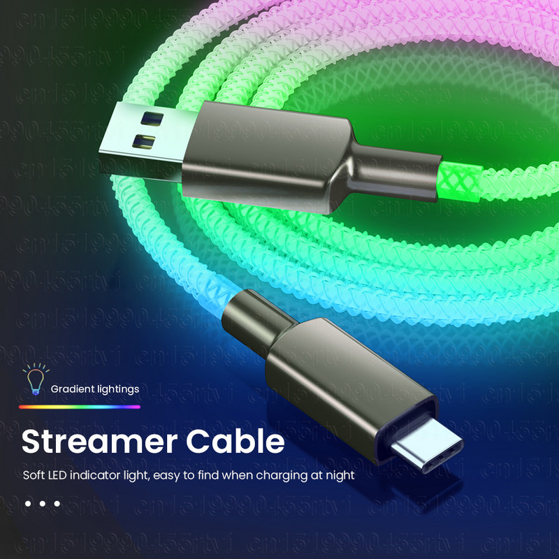 Καλώδιο USB τύπου C 6A 66W RGB για Huawei P50 P40 100W Γρήγορη φόρτιση Καλώδιο δεδομένων φορτιστή USB C για Macbook Pro Xiaomi 9 Samsung S20