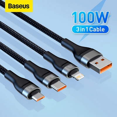 Baseus 3 σε 1 Καλώδιο USB Type C 100W Καλώδιο δεδομένων γρήγορης φόρτισης για iPhone 13 Pro Φορτιστής τηλεφώνου για Xiaomi Samsung Καλώδιο Micro USB