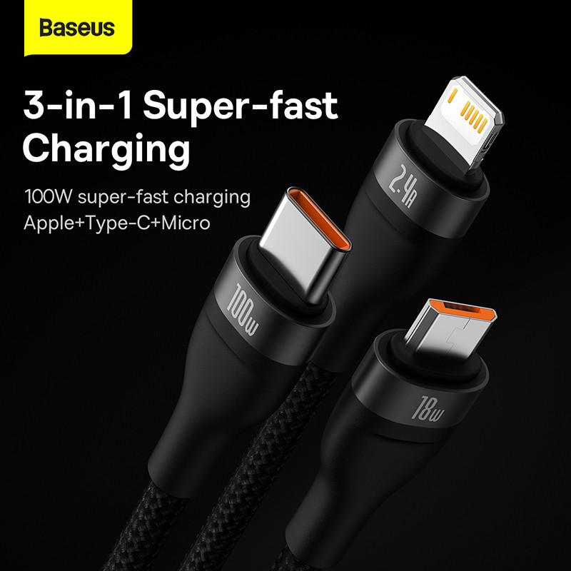 Kábel Baseus 3 v 1 USB typu C 100W s rýchlym nabíjaním a dátovým káblom pre iPhone 13 Pro, nabíjačka telefónu pre Xiaomi Samsung, micro USB kábel