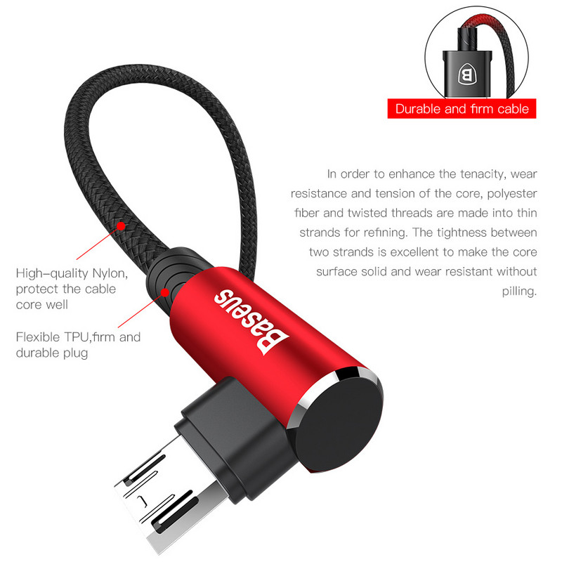 Baseus 90-stupňový micro USB kábel pre rýchle nabíjanie a nabíjanie mobilných telefónov, dátový kábel, microUSB kábel pre Samsung Xiaomi Android 2m