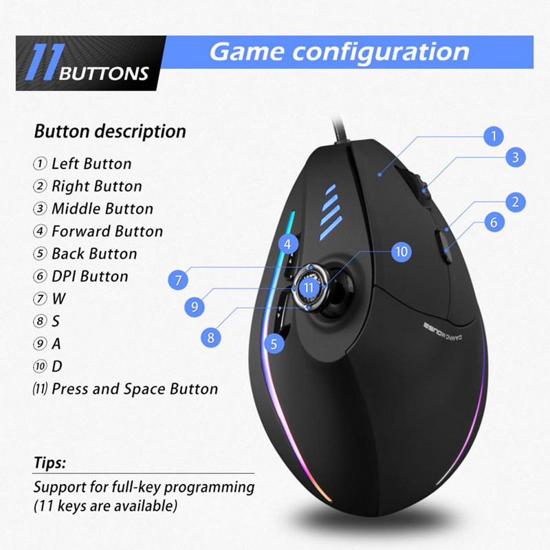 Για ZELOTES Vertical Gaming Mouse Προγραμματιζόμενο USB Ενσύρματο οπτικό ποντίκι RGB 11 κουμπιά 10000 DPI Ρυθμιζόμενα εργονομικά ποντίκια Gamer