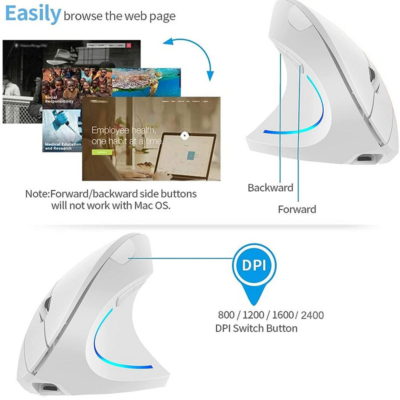 ONLIVING Ergonomikus vezeték nélküli egér 2.4G USB újratölthető függőleges egér, állítható DPI 800 1200 1600 2400 otthoni irodai számítógéphez
