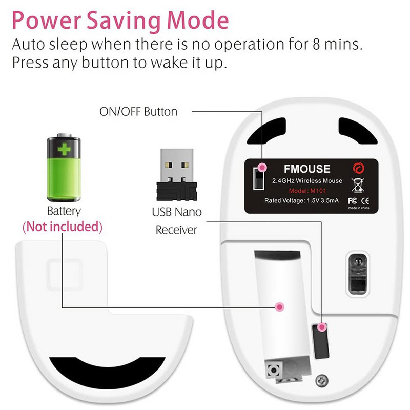 M101 belaidė pelė 2.4G miela tyli optinė animacinių filmų kompiuterio pelė su USB imtuvu 1600DPI, skirta nešiojamam kompiuteriui vaikiškam dovanu Macbook