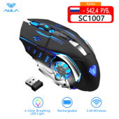 Bezdrôtová tichá herná myš AULA SC100, nabíjateľná, 1600 DPI, 7 tlačidiel, ergonomická optická myš s USB a stlmením zvuku pre PC, notebooky a stolné počítače