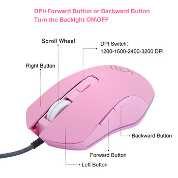 Розова оптична мишка Sailor Yoon Gaming Computer Wired Mause Mute Pretty Backlit Colorful Mice 3200DPI For Girl Women Gift PC Game