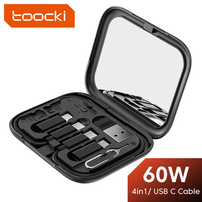 Toocki 4 in 1 USB C uz USB C kabelis PD 60 W ātras uzlādes datu vads iPhone Xiaomi Type C mikro kabelim ar turētāja uzglabāšanas kastīti