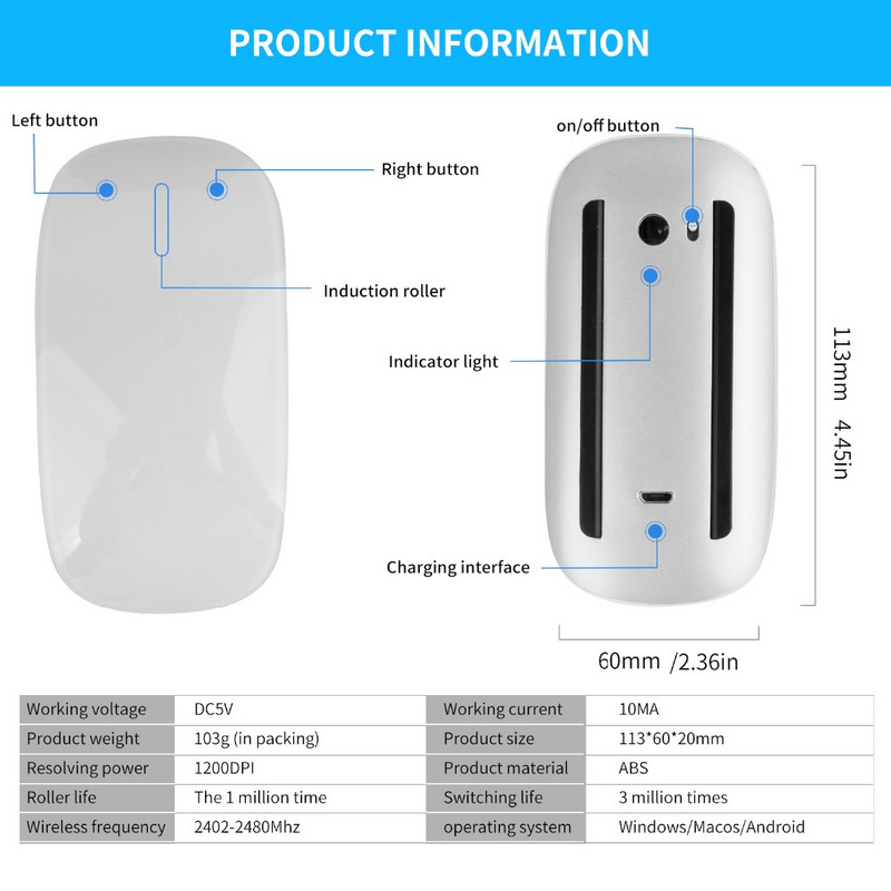 Compatibilitate Bluetooth Mouse fără fir Mute Reîncărcabil Magic Laser Mouse pentru computer Mouse ergonomic pentru Macbook iPad Office Home