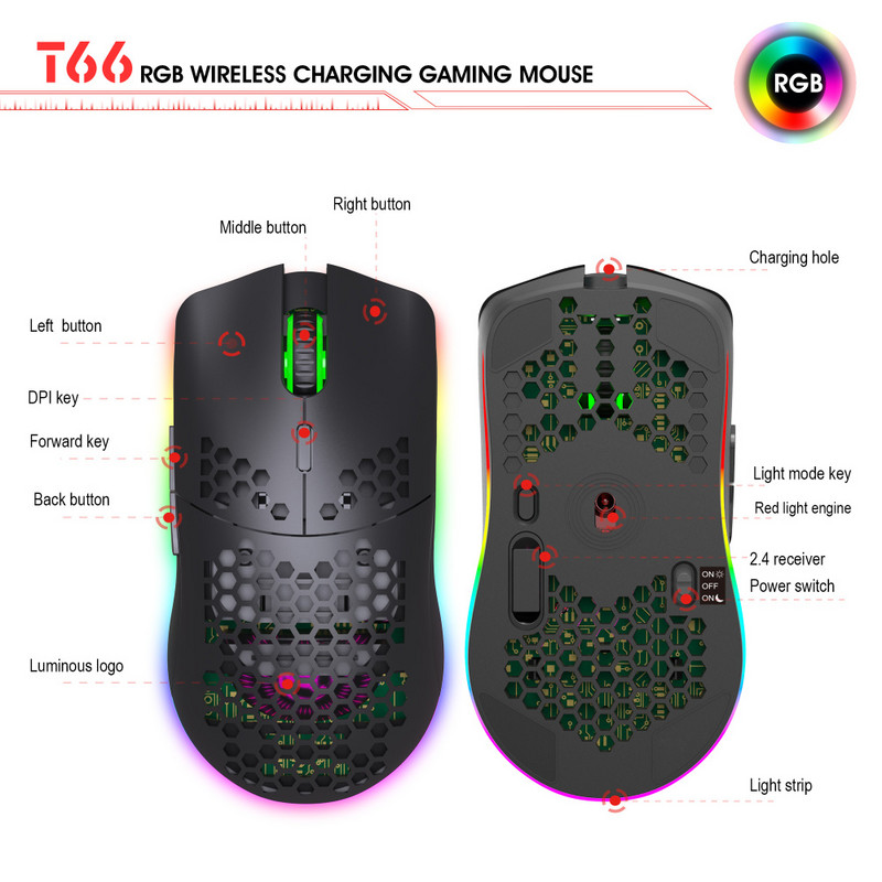 HXSJ New Hole Heat Dispation Light 2,4G vezeték nélküli egér újratölthető 3600DPI állítható RGB világítás notebook PC-hez