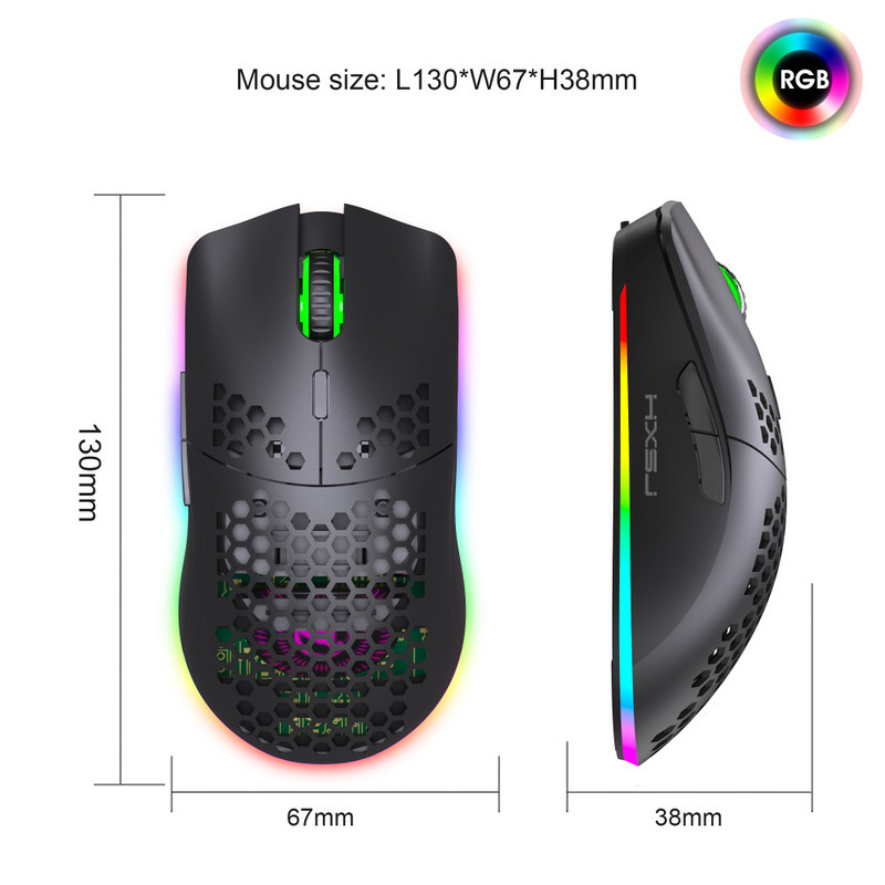HXSJ New Hole Heat Dispation Light 2,4G vezeték nélküli egér újratölthető 3600DPI állítható RGB világítás notebook PC-hez