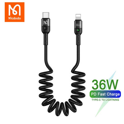 Mcdodo 36W PD Type C iki žaibo automobilio spyruoklinis kabelis skirtas iPhone 14 13 12 11 Pro XS MAX Retractab greito įkrovimo prailginimo duomenų laidas
