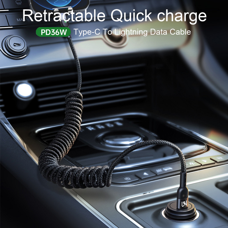Mcdodo 36W PD Type C iki žaibo automobilio spyruoklinis kabelis skirtas iPhone 14 13 12 11 Pro XS MAX Retractab greito įkrovimo prailginimo duomenų laidas