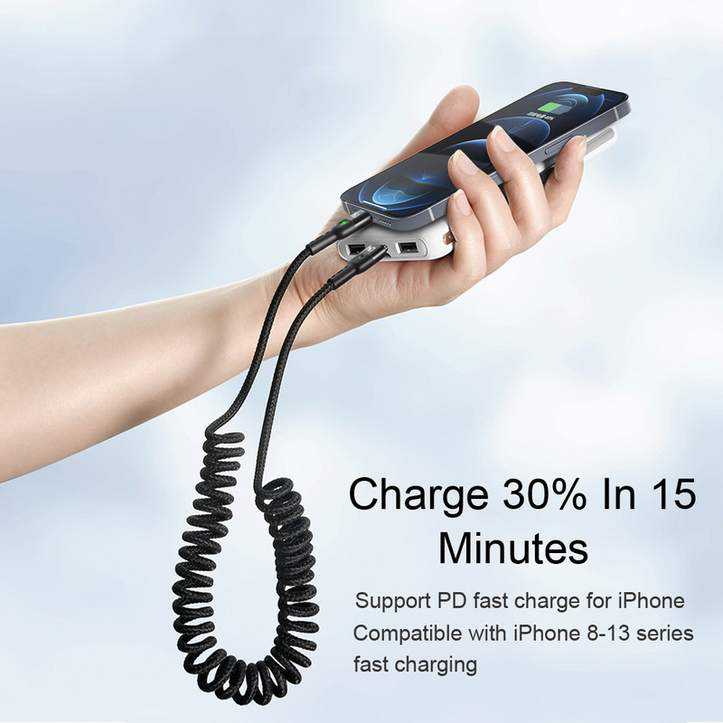 Mcdodo 36W PD Type C iki žaibo automobilio spyruoklinis kabelis skirtas iPhone 14 13 12 11 Pro XS MAX Retractab greito įkrovimo prailginimo duomenų laidas