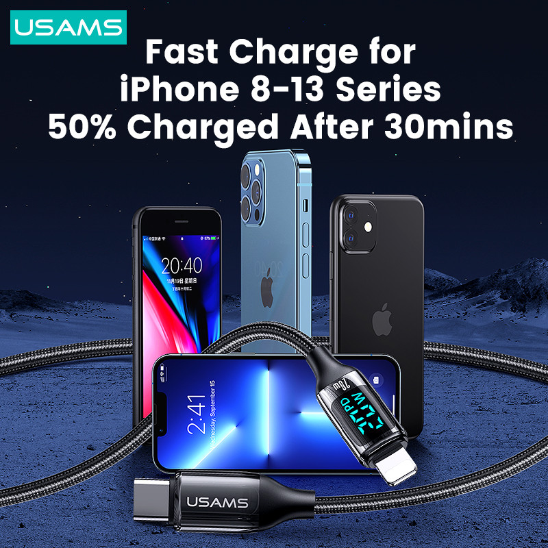 Ψηφιακή οθόνη USAMS PD 20W Καλώδιο δεδομένων γρήγορης φόρτισης Lightning για iPhone 14 Plus Pro Max 13 12 11 Mini Pro Max X XS Xr 8 Plus