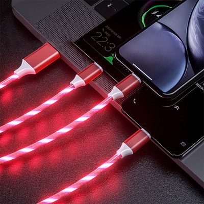 3 az 1-ben USB töltőkábel mobiltelefonhoz Micro USB C típusú töltőkábel 1,2 M okostelefon töltő LED-es streamer világító, áramló kábel
