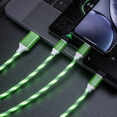3 az 1-ben USB töltőkábel mobiltelefonhoz Micro USB C típusú töltőkábel 1,2 M okostelefon töltő LED-es streamer világító, áramló kábel
