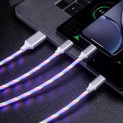 3 az 1-ben USB töltőkábel mobiltelefonhoz Micro USB C típusú töltőkábel 1,2 M okostelefon töltő LED-es streamer világító, áramló kábel