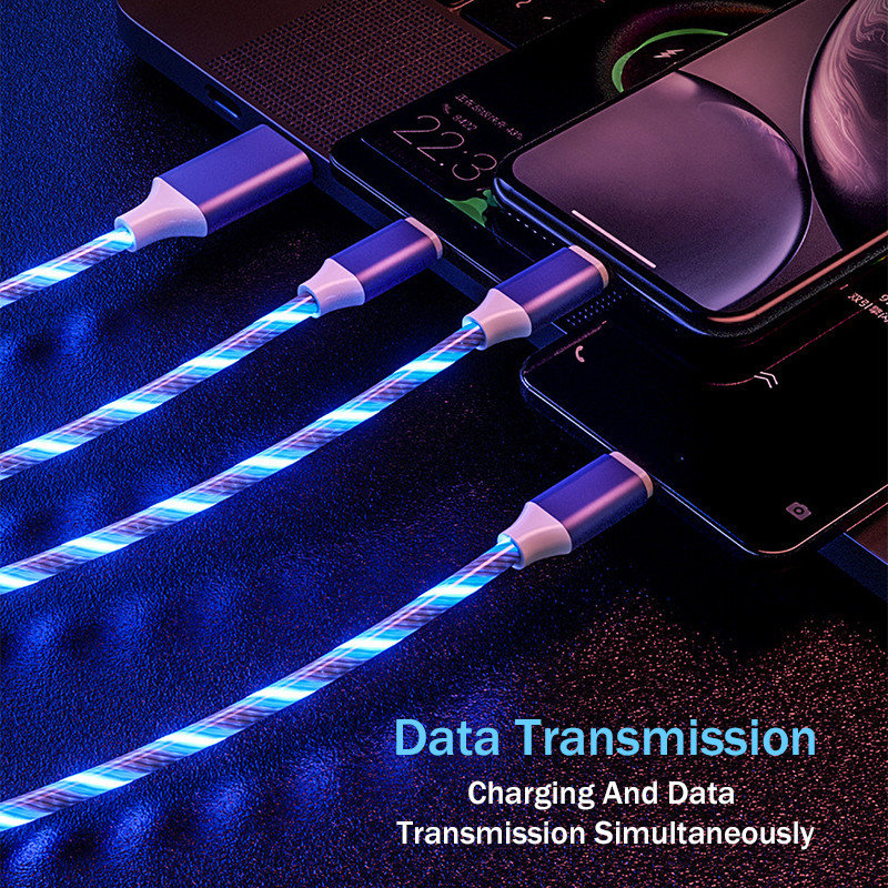 3 az 1-ben USB töltőkábel mobiltelefonhoz Micro USB C típusú töltőkábel 1,2 M okostelefon töltő LED-es streamer világító, áramló kábel