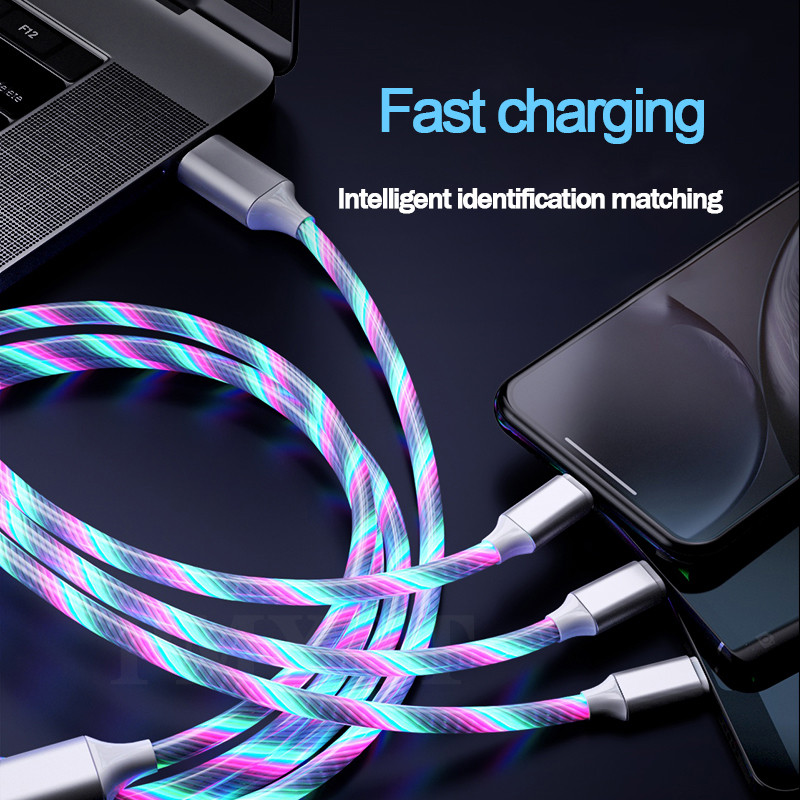 3 az 1-ben USB töltőkábel mobiltelefonhoz Micro USB C típusú töltőkábel 1,2 M okostelefon töltő LED-es streamer világító, áramló kábel