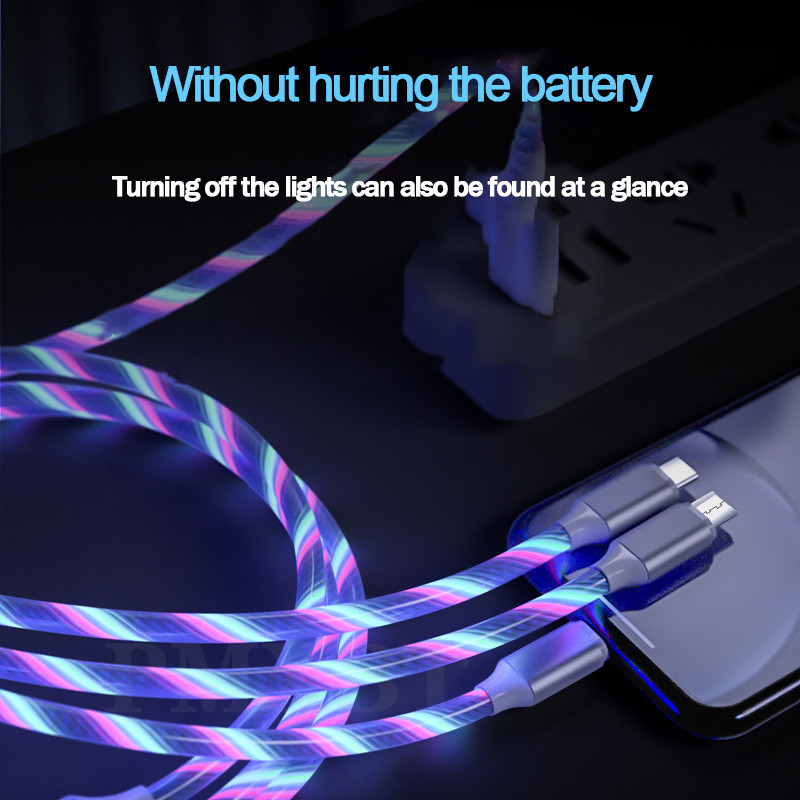 3 az 1-ben USB töltőkábel mobiltelefonhoz Micro USB C típusú töltőkábel 1,2 M okostelefon töltő LED-es streamer világító, áramló kábel