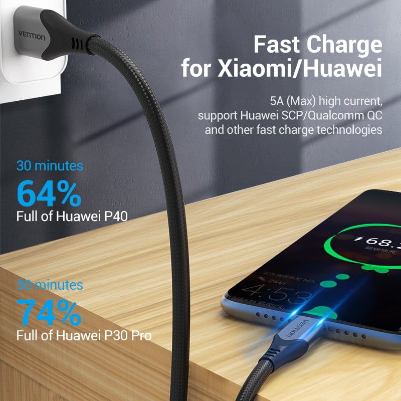 Vention 5A USB Type C kabel za Xiaomi Huawei P40 Pro Mate 30 P30 Supercharge 40W USB-C kabel punjača Kabel za brzo punjenje