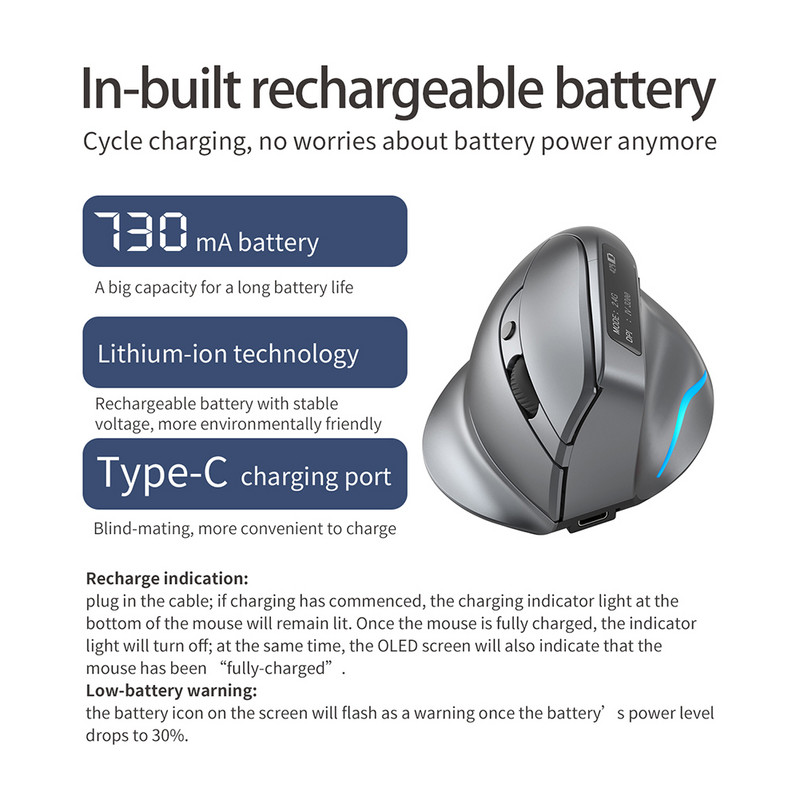 Vertikalni miš Punjivi bežični miš PC Gaming Mouse Ergonomski 3200DPI Uspravni miševi 8 tipki Laptop PC Gamer Mouse