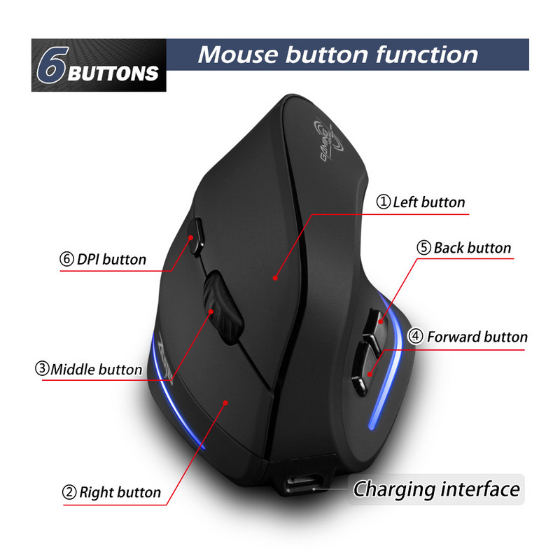 Mouse Bluetooth ZELOTES Mouse vertical fără fir Reîncărcare Optical RGB USB Mouse de joc pentru Windows Mac 2400 DPI 2.4G pentru PUBG LOL CS