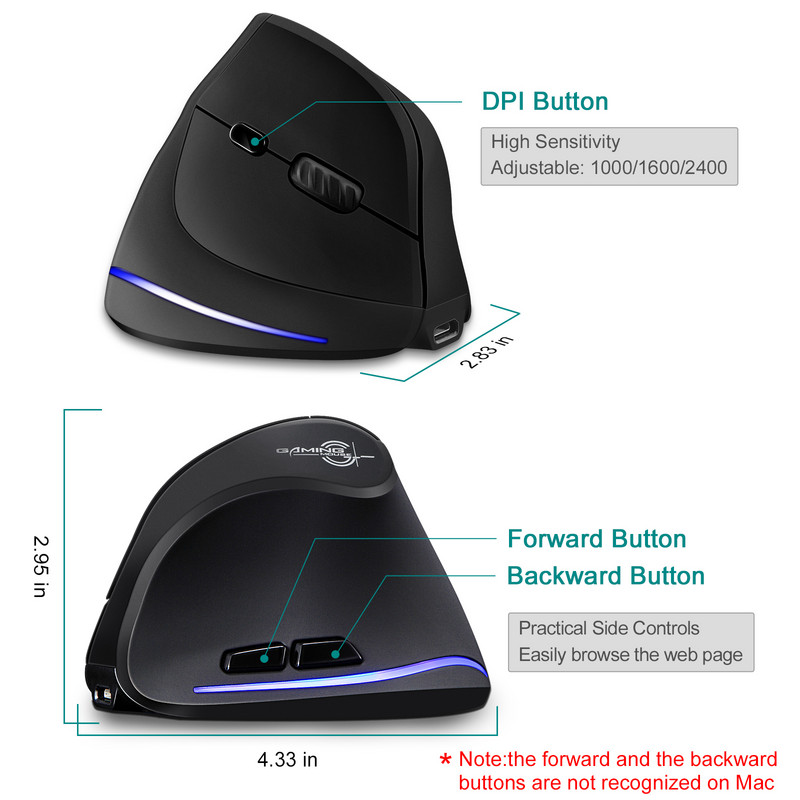 Mouse Bluetooth ZELOTES Mouse vertical fără fir Reîncărcare Optical RGB USB Mouse de joc pentru Windows Mac 2400 DPI 2.4G pentru PUBG LOL CS
