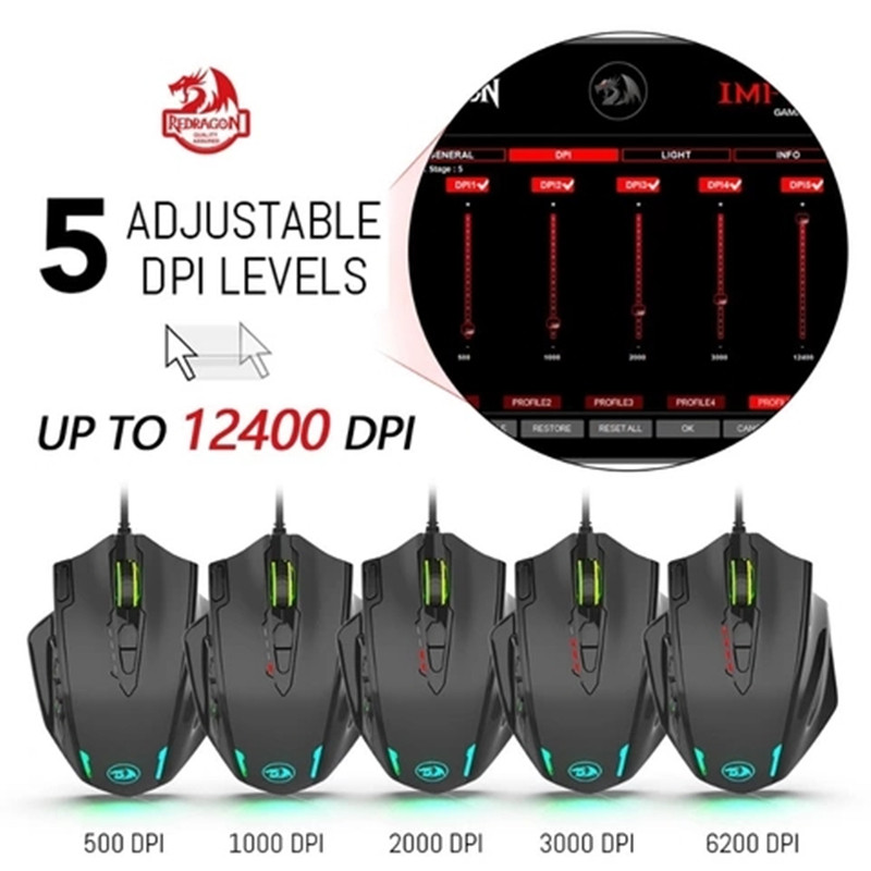 Redragon M908 žičani laserski miš za igranje, 12400 DPI, s 19 programibilnih tipki i RGB LED, visoka preciznost za MMO