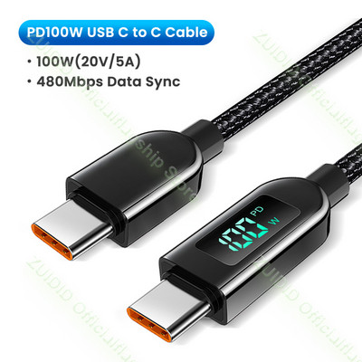 Tápellátás Kijelző USB C típusú kábel 6A Huawei PD100W 5A gyorstöltőhöz USB C-C adatkábel vezeték MacBook Pro-hoz Samsung