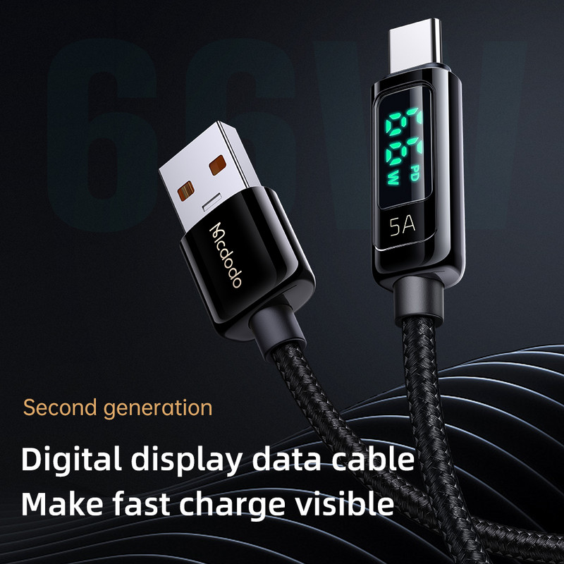 Mcdodo PD 66W USB Type C 6A ātrās uzlādes kabelis priekš Huawei Xiaomi Samsung QC Flash Charge VOOC AFC FCP digitālā displeja datu vads