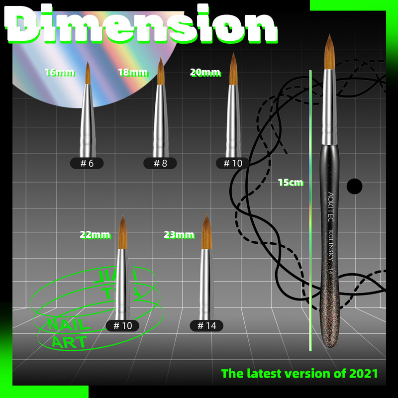 Aokitec Kolinsky akrila nagu birste 1 gab. Black Flash S-Shape Kolinsky Hair Round Nail Art Brush Manikīra instrumentam Izmērs 6-14