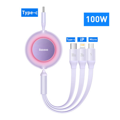 Baseus Αναδιπλούμενο καλώδιο φόρτισης 100W/66W 3 σε 1 USB για Macbook Καλώδιο φόρτισης καλωδίου USB Type C Samsung Xiaomi για iPhone 14