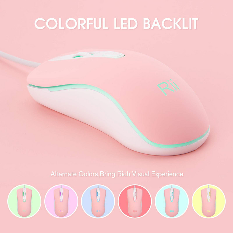 Rii RM105 vezetékes egér, számítógépes egér RGB háttérvilágítással, 2400 DPI szintek, kényelmes USB vezetékes egerek támogatása Windows PC, laptop, asztali számítógép