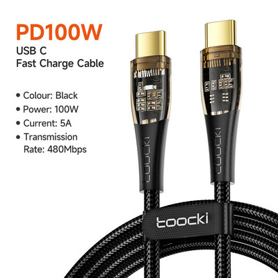 Toocki USB C na USB tip C kabel prozirni Quick Charge 100W PD kabel za brzo punjenje, žica za Samsung Xiaomi POCO MacBook kabele
