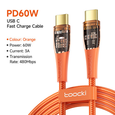 Toocki USB C na USB tip C kabel prozirni Quick Charge 100W PD kabel za brzo punjenje, žica za Samsung Xiaomi POCO MacBook kabele