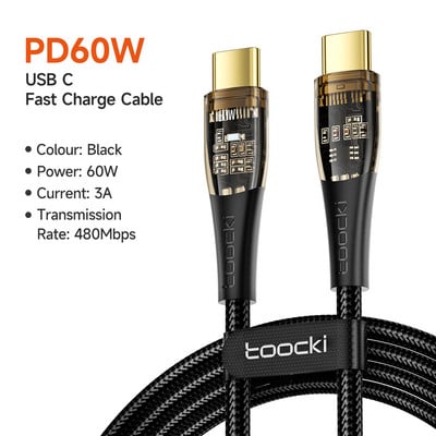 Toocki USB C na USB tip C kabel prozirni Quick Charge 100W PD kabel za brzo punjenje, žica za Samsung Xiaomi POCO MacBook kabele