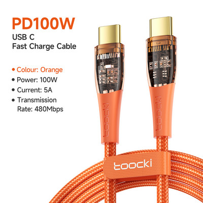 Toocki USB C na USB tip C kabel prozirni Quick Charge 100W PD kabel za brzo punjenje, žica za Samsung Xiaomi POCO MacBook kabele