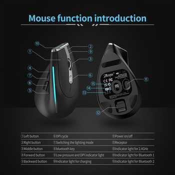 ZELOTES 2.4G Bluetooth мишки 2400 DPI 8 бутона Безжични акумулаторни мишки за лаптоп Настолен компютър Геймър RGB оптична мишка за игри