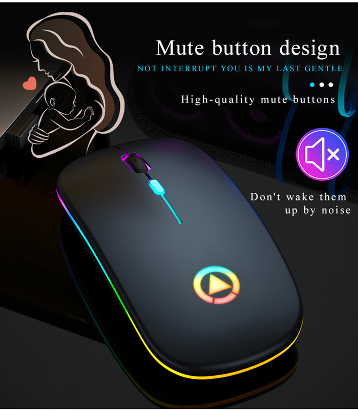 Bezvadu pele Silent Mouse 1600 DPI Ergonomiska Mause Beztrokšņa datora peles izslēgšana Krāsaina mirdzoša biroja pele Uzlādējama/akumulators