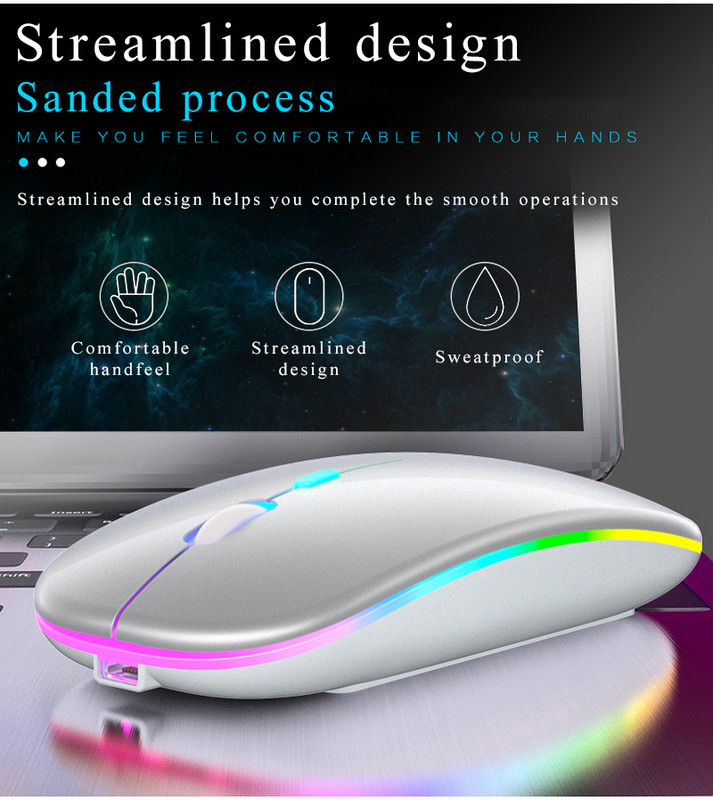 Bezvadu pele Silent Mouse 1600 DPI Ergonomiska Mause Beztrokšņa datora peles izslēgšana Krāsaina mirdzoša biroja pele Uzlādējama/akumulators