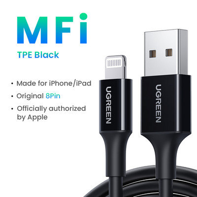 UGREEN MFi USB-Lightning kaabel iPhone 14 13 12 11 Pro Max 2,4A kiirlaadimiskaabliga Telefoni laadija iPad Mini andmekaabli jaoks